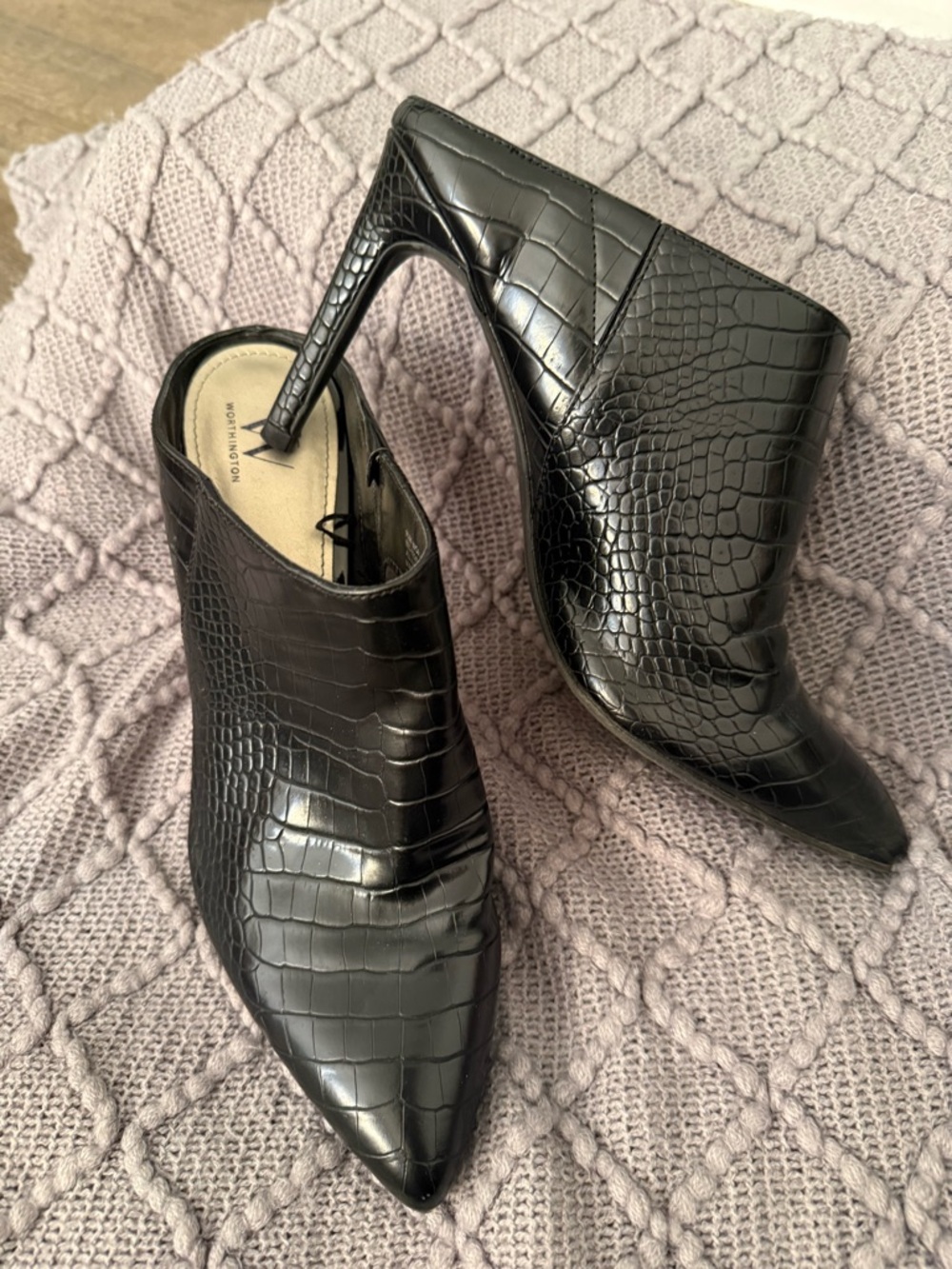 Worthington Black Croc-Embossed Pointed-Toe Mule Heels